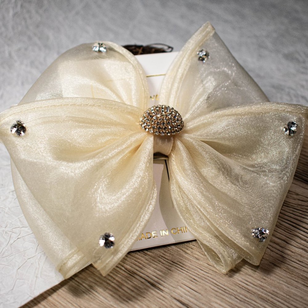 Sliver Rhinestone Studded& Tweed Bow Hair Clip